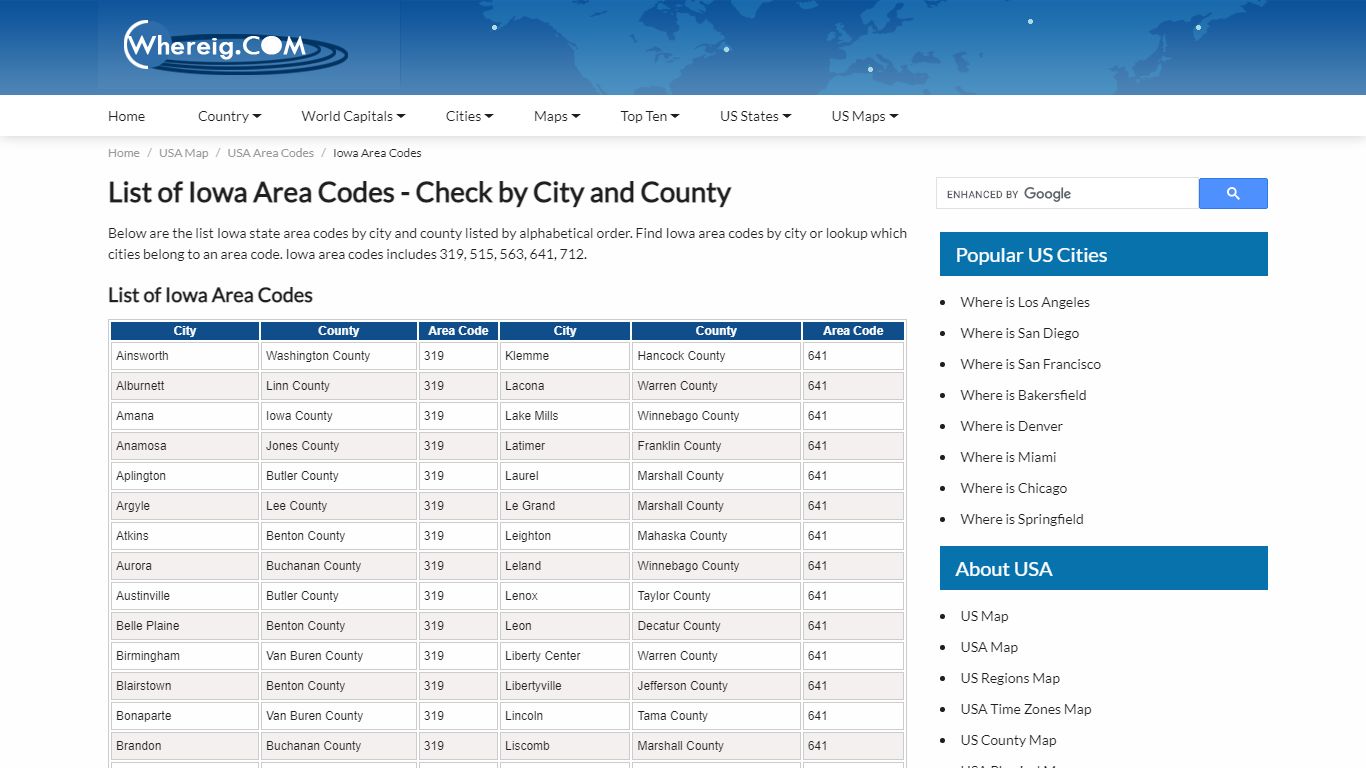 List of Iowa Area Codes - Check by City and County - whereig