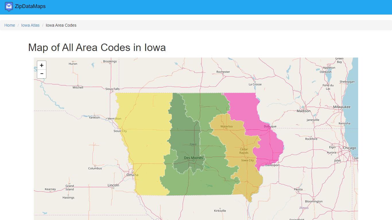 Map of All Area Codes in Iowa - January 2022 - Zipdatamaps.com