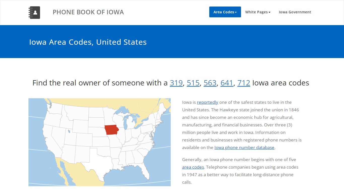 Iowa Area Codes, United States | PHONE BOOK OF IOWA